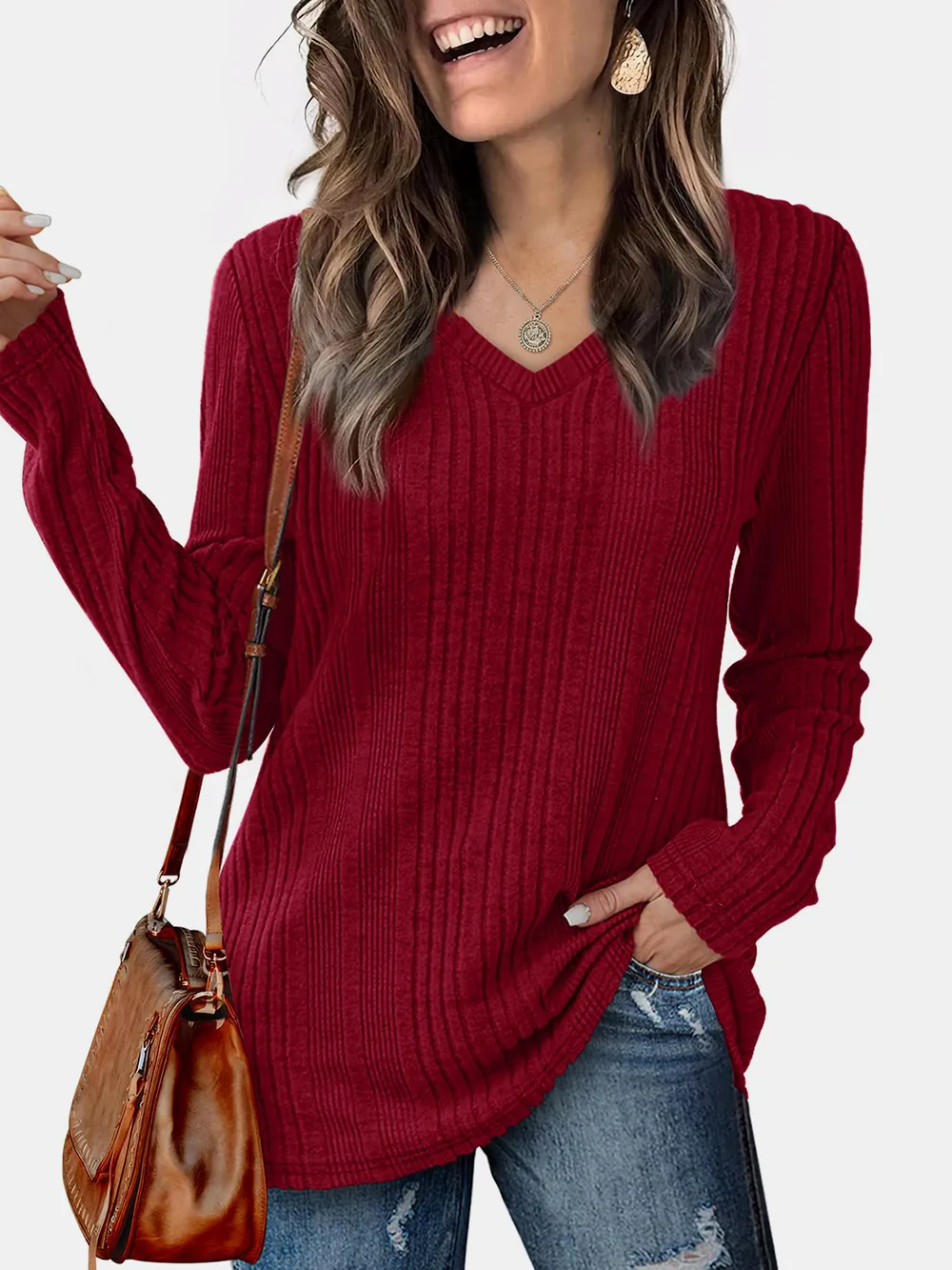 Solid color knitted sweater lightweight waistband sweater fashionable