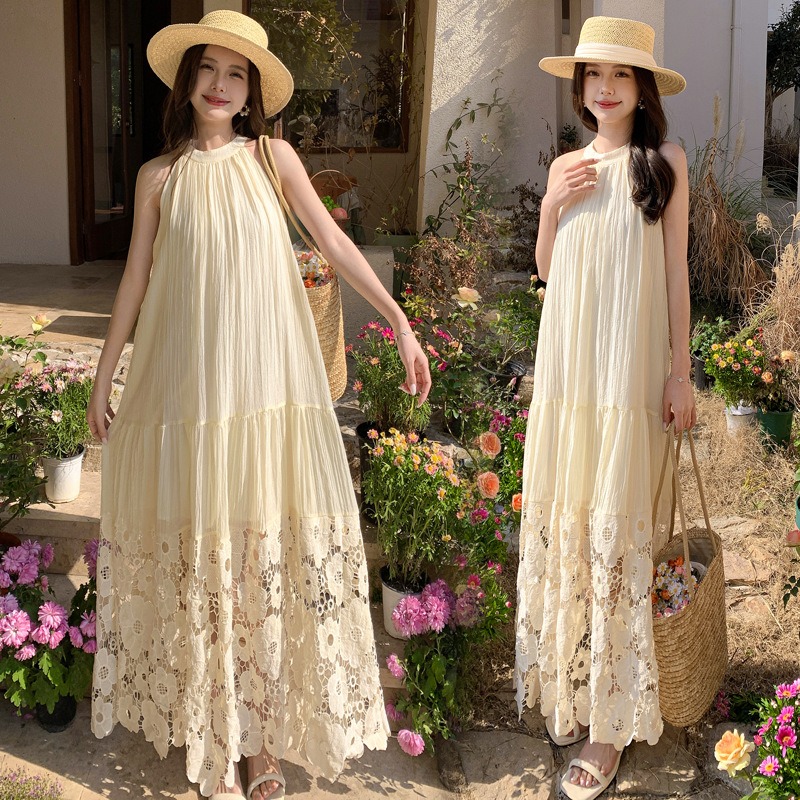 Lace patchwork loose neckline dress for slimming and sleeveless vacation beach dress - Image 3