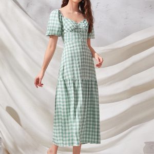 Plaid Ladies Dress Puff Sleeve Long Dress