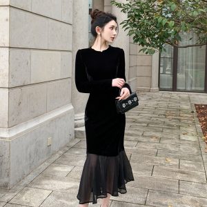 Elegant Dress Women's Black Long Dress Autumn Style
