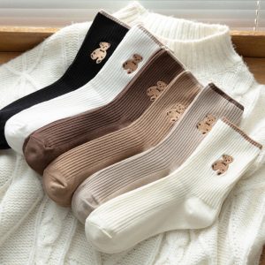 Women's Cute Bear Cotton Socks Comfortable Soft Crew Breathable Sports Sock Cartoon Short Sock Middle Tube Socks 6 pairs