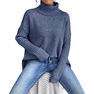 Loose casual shoulder high neck thick needle sweater knitted sweater