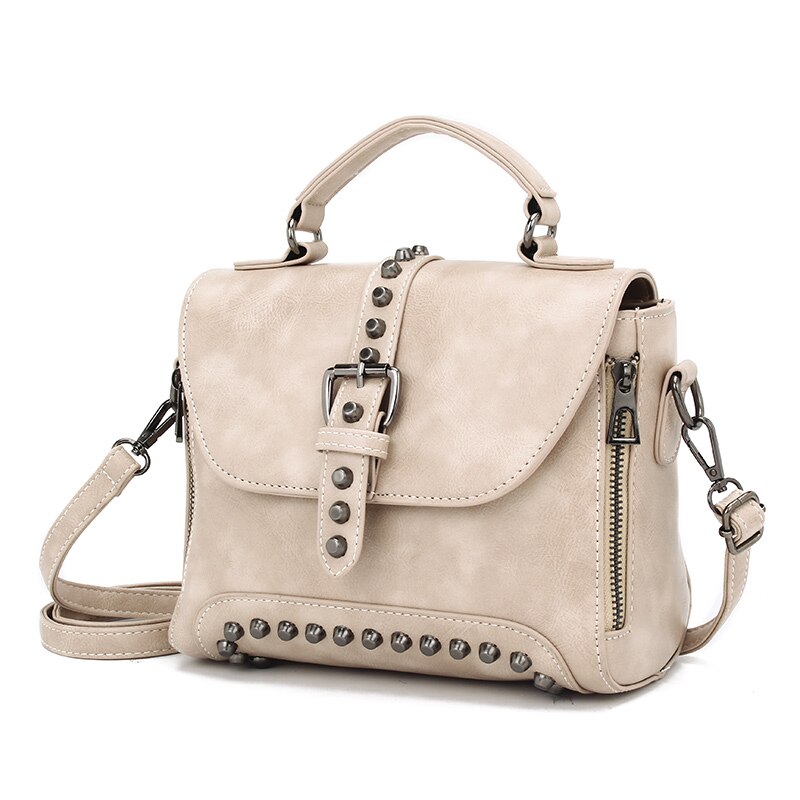 White, stylish retro-style oiled leather luxury handbag, women's bag, designer crossbody bag, women's studded small handbag. - Image 7