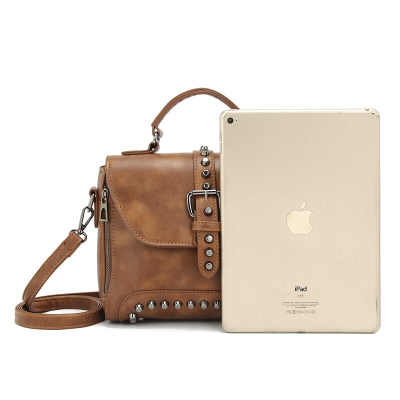 White, stylish retro-style oiled leather luxury handbag, women's bag, designer crossbody bag, women's studded small handbag. - Image 5