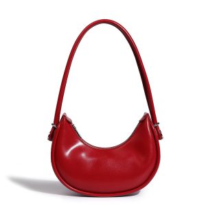 Designer Red Women Small Cell Phone Bag Vegant Leather Half Moon Underarm Shoulder Purse Simple Lady Clutch Handbag