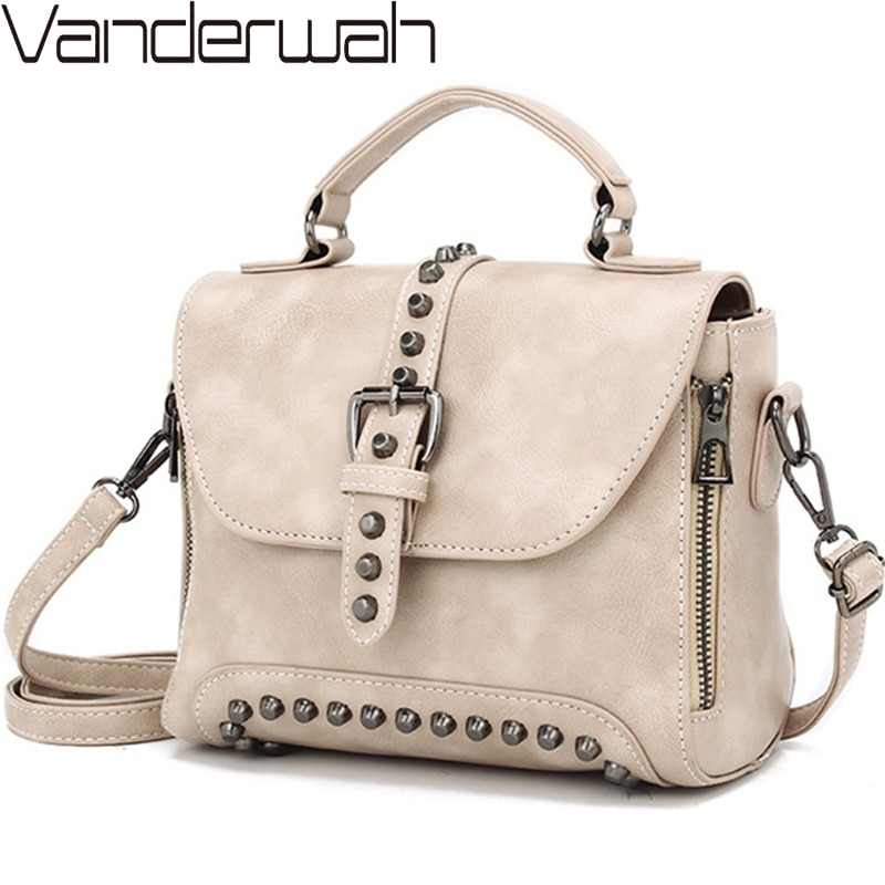 White, stylish retro-style oiled leather luxury handbag, women's bag, designer crossbody bag, women's studded small handbag. - Image 2