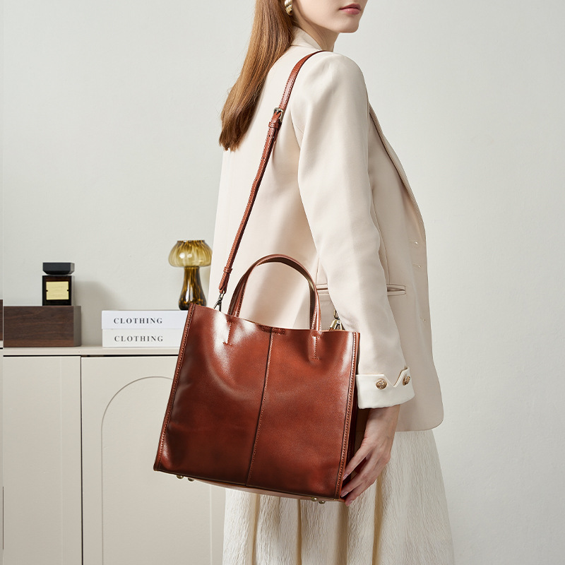 Leather Tote Bag for Women, Genuine First Layer Vegetable-Tanned Leather, Large Capacity, Fashionable and Versatile Handbag - Image 3