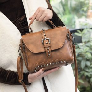 White, stylish retro-style oiled leather luxury handbag, women's bag, designer crossbody bag, women's studded small handbag.